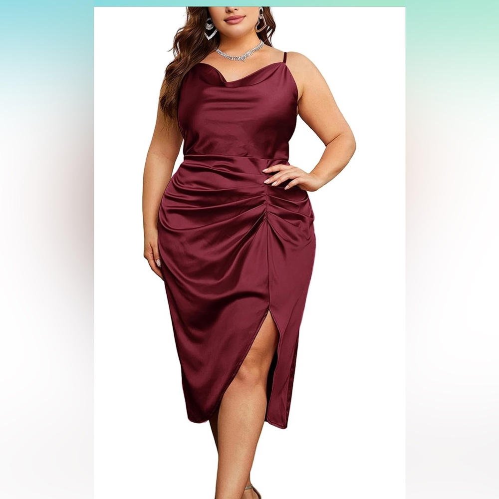 NWT Satin Spaghetti Strap Cowl Neck Maxi Party Ruched Dress for Cocktail Party
